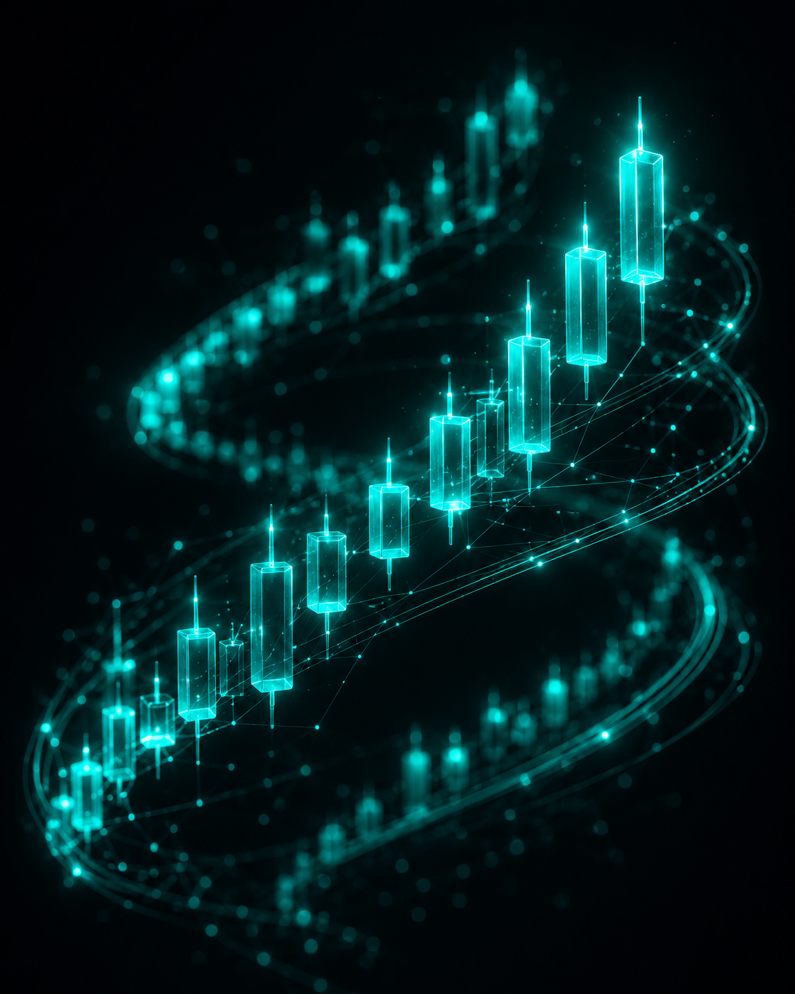 Abstract glowing teal network of connected nodes representing AI-driven crypto trading